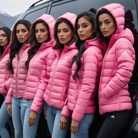 (dark cinematic still, dark vibes) sexy slim skinny group of hispanic professional women ,unique, wearing a hooded pink adidas_puffer_jacket, unique hair styles, 8k uhd, dslr, high quality, photorealistic, realism, hyperrealism, ((car scene)),
<lora:adidas_puffer_jacket_v1:0.3>