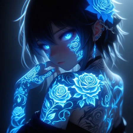 An anime-style female character, adorned with intricate glowing blue Floral Rose tattoos covering her arms, hands, and face. Her tattoos emit a soft, radiant glow that contrasts against her dark, form-fitting outfit. Her expression is calm and mysterious, with a dreamlike ambiance surrounding her. The character has long, smooth hair decorated with elegant metal hairpins and glowing accents. The background is dimly lit, creating an otherworldly and ethereal atmosphere, with soft shadows emphasizing her glowing features. The mood is mystical, highlighting the elegance and supernatural energy of the glowing Floral Rose tattoos