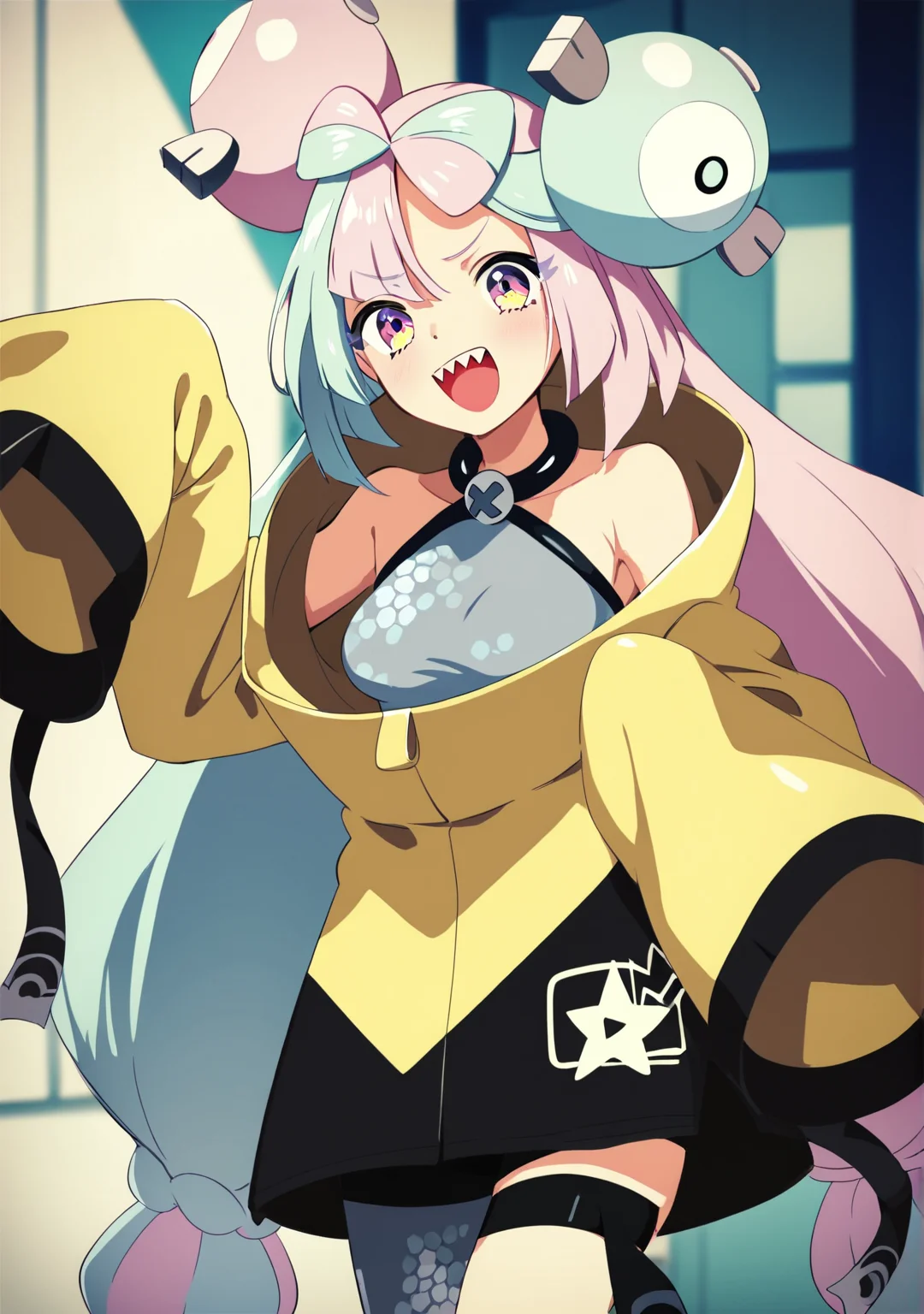 score_8_up, score_7_up, score_6_up, score_5_up, score_4_up, anime screenshot
<lora:Iono (Autism SDXL)-000009:0.8> 1girl, solo, iono (pokemon), multicolored hair, long hair, yellow jacket, character hair ornament, bow-shaped hair, sharp teeth