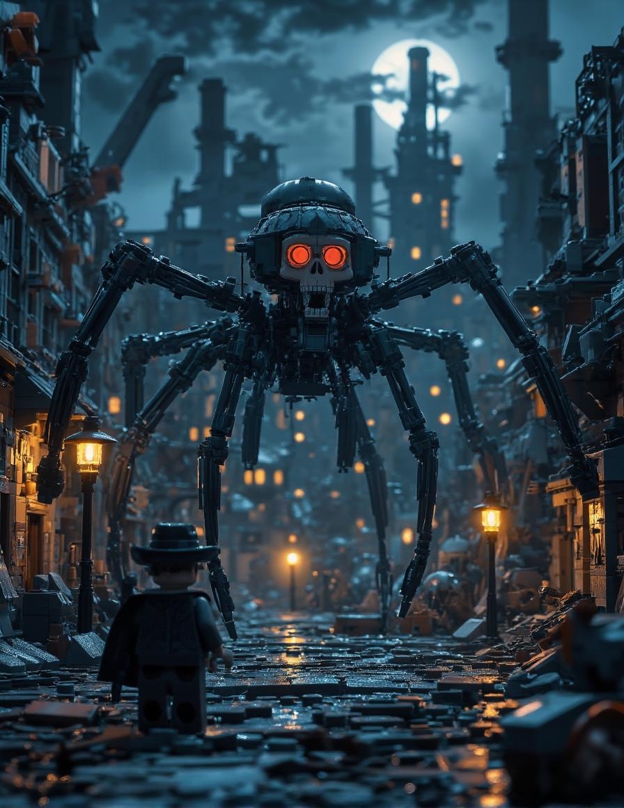 <lora:Cinematic_Lego.safetensors:1> lego
Under a full moon, the industrial wasteland stretches out, a tapestry of deep blues, dark grays, and stark blacks. Rust-streaked metal and cracked concrete dominate the scene, their surfaces etched with the scars of time and neglect. A towering, skeletal mechanical creature looms in the foreground, its spider-like legs casting long, sinister shadows. The creature's skull-like head is a haunting mix of gothic and industrial design, with exposed gears and intricate joints that hint at a dystopian future. Its eyes, glowing a deep, malevolent red, pierce the dim, ambient lighting, adding a sense of foreboding and suspense.
In the background, abandoned factories and decaying buildings rise like specters, their silhouettes jagged and menacing. Faded signs and rusted metal add layers of texture and realism, each detail contributing to the oppressive atmosphere. The moonlight, pale and distant, filters through the haze, casting sharp, dramatic shadows that dance along the ground. A solitary figure, clad in a dark trench coat and fedora, stands at the edge of the scene, their face shrouded in shadow, adding a layer of mystery and tension. The air is thick with the scent of oil and decay, inviting the viewer to explore the dark, hidden corners of this noir landscape.