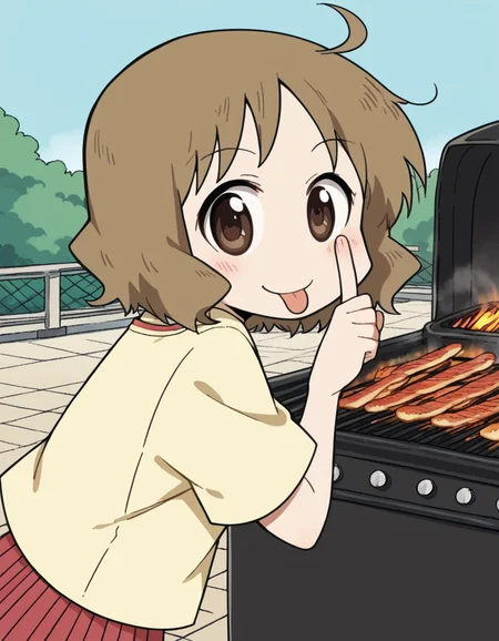 score_9, score_8_up, score_7_up, source_anime, <lora:izumi-sakurai-s1-ponyxl-lora-nochekaiser:1>, izumi sakurai, short hair, brown hair, brown eyes, ahoge,, skirt, yellow shirt, pleated skirt, red skirt,, backyard, barbecue, grilling, laughter, summer evening, , <lora:akanbe-ponyxl-lora-nochekaiser:1>, akanbe, eyelid pull, finger to eye, tongue out, :p, tongue, ;p, blush, leaning forward, bent over, from side,, looking at viewer, solo,, dutch angle, cowboy shot