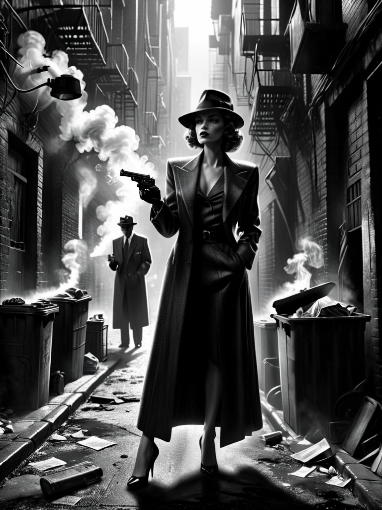 woman, tommy_gun, dirty alley, garbage, crowded, smoke,  1940, detective noir <lora:Sin_City_Movie_Style_SDXL:1> mad-sincity, (masterpiece:1.2), best quality, (hyperdetailed, highest detailed:1.2), high resolution textures