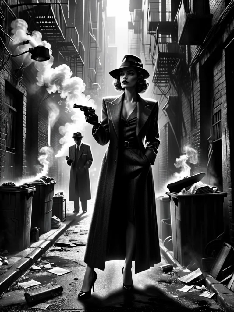 woman, tommy_gun, dirty alley, garbage, crowded, smoke, 1940, detective noir <lora:Sin_City_Movie_Style_SDXL:1> mad-sincity, (masterpiece:1.2), best quality, (hyperdetailed, highest detailed:1.2), high resolution textures