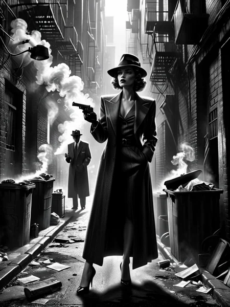 woman, tommy_gun, dirty alley, garbage, crowded, smoke, 1940, detective noir <lora:Sin_City_Movie_Style_SDXL:1> mad-sincity, (masterpiece:1.2), best quality, (hyperdetailed, highest detailed:1.2), high resolution textures