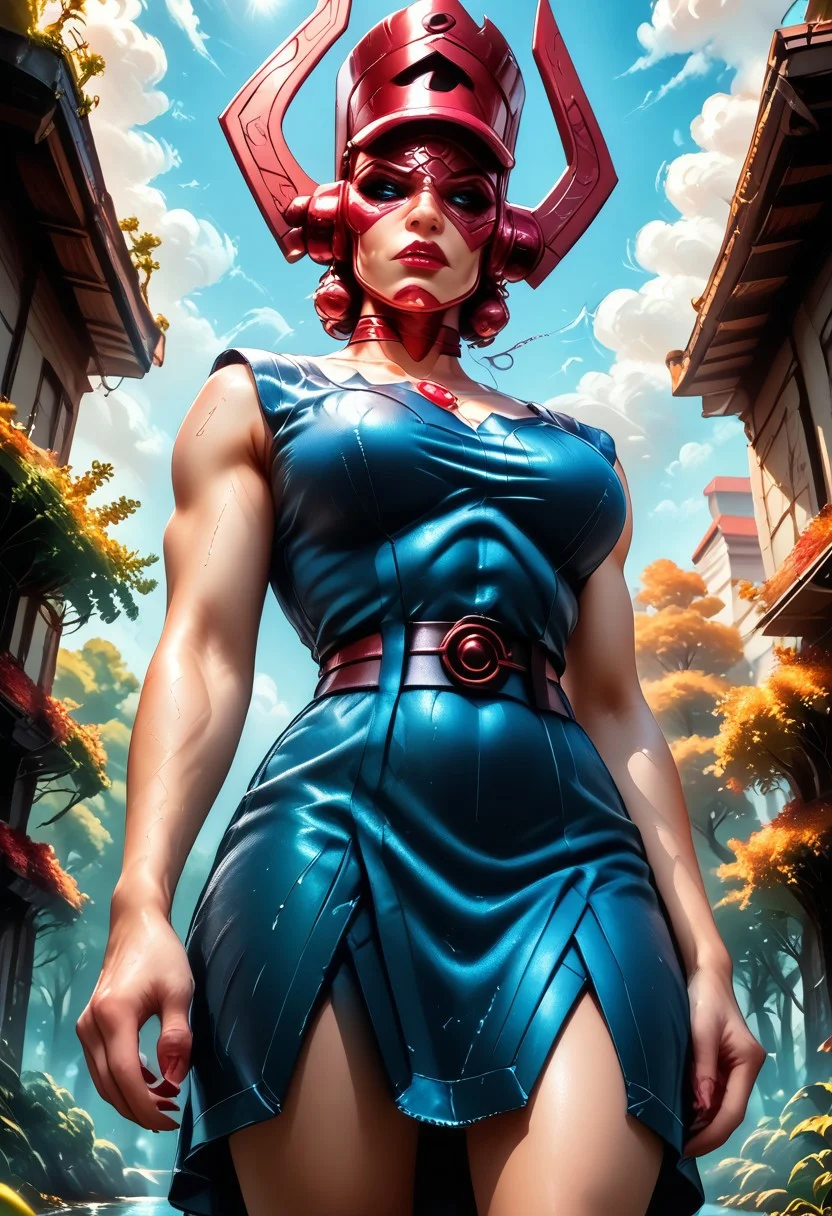 galactus, galachelmet, galaceyes, SmoothQualityPony,
A surreal depiction the enormous head of Galactus \(marvel comics\) appears in the sky against the clouds above a major city an ominous and foreboding signal. Below in the foreground features a
park with a small pond surrounded on the left and right by trees, in the distance sky scrapers tall buildings that nearly reach the clouds..