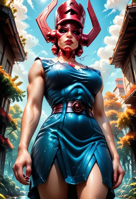 galactus, galachelmet, galaceyes, SmoothQualityPony,
A surreal depiction the enormous head of Galactus \(marvel comics\) appears in the sky against the clouds above a major city an ominous and foreboding signal. Below in the foreground features a
park with a small pond surrounded on the left and right by trees, in the distance sky scrapers tall buildings that nearly reach the clouds..