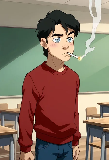 High Quality, Billy batson, small body, solo, 1boy, black hair, blue eyes, red tshirt, bluejeans, young, smoking marijuana, ecstasy face, classroom