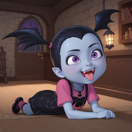 score_9, score_8, score_9, female child, vampirina, black hair, blue skin, purple eyes, fangs, tongue, adorable, indoors, dungeon background