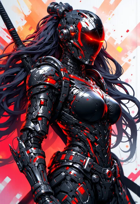 mythp0rt, Inkpunk Anime BREAK, cyberpunk robot samurai woman, robot face with mirrored face shield, hyperdetailed helmet, flowing black hair, reflective black and red armor, robot joints, body made of metals, cables and wires, a katana strapped to her back, abstract colour gradient background