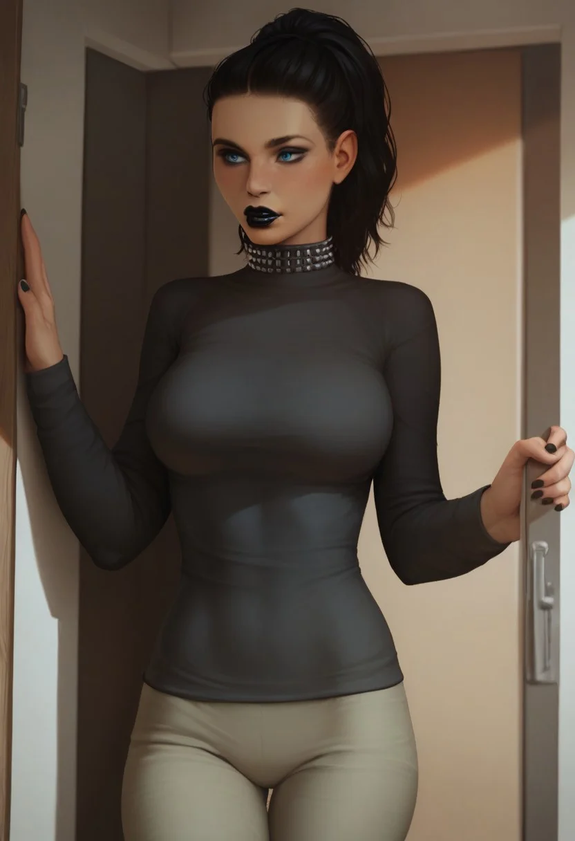 score_9, score_8_up, score_7_up, score_6_up, realistic,solo, 1girl,
1girl, d0menatrix01, blue eyes, black glossy lipstick, wavy black hair, high ponytail,
BREAK, black studded choker, dark grey fitted longsleeve, beige flared pants, standing in doorway, cowboy shot,