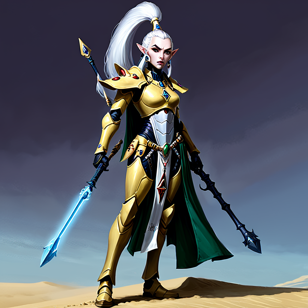 <lora:aeldari_xl_7:1> aedlari, asuryani, standart aeldari, aeldari's armor, 1girl, armor, desert, full_body, hand_on_hip, holding, holding_weapon, looking_at_viewer,  outdoors, pauldrons, pointy_ears, polearm, sand, shoulder_armor, solo, spear, staff, standing, weapon, white_hair