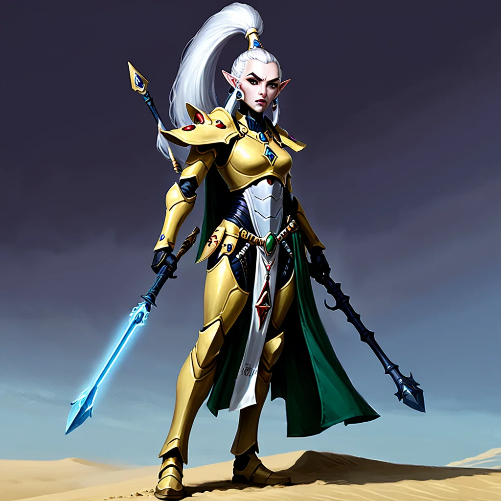 <lora:aeldari_xl_7:1> aedlari, asuryani, standart aeldari, aeldari's armor, 1girl, armor, desert, full_body, hand_on_hip, holding, holding_weapon, looking_at_viewer, outdoors, pauldrons, pointy_ears, polearm, sand, shoulder_armor, solo, spear, staff, standing, weapon, white_hair
