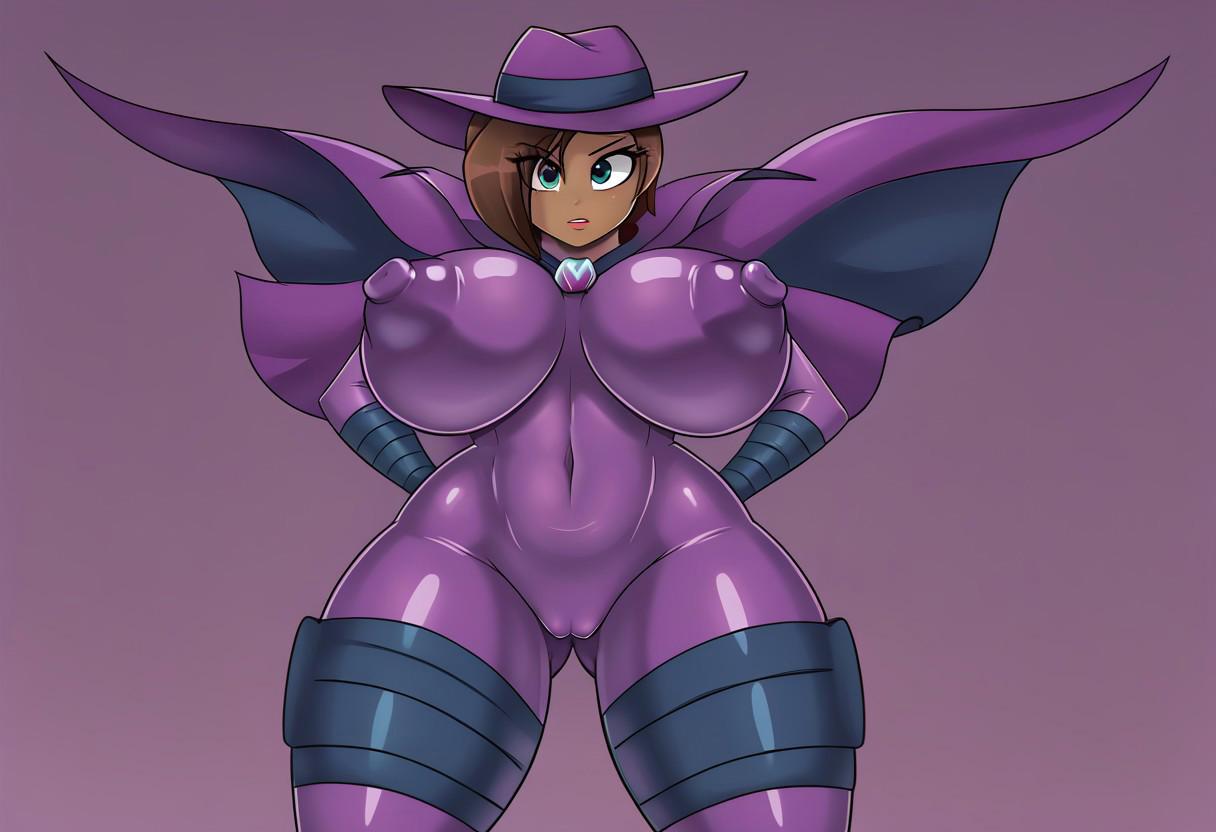 safe_pos, score_9, score_8_up, score_7_up, BREAK,explicit, RUBY HEART(oc),  (MareDoWell_Costume, bodysuit, leg wrap, brooch, purple cape, purple headwear, purple hat),standing,solo,big butt,looking at shoulder, cameltoe, Curvy Figure, Hourglass Figure,huge breast, big breast,erect nipples,

BREAK
d3f0rm3d,perfect eyes