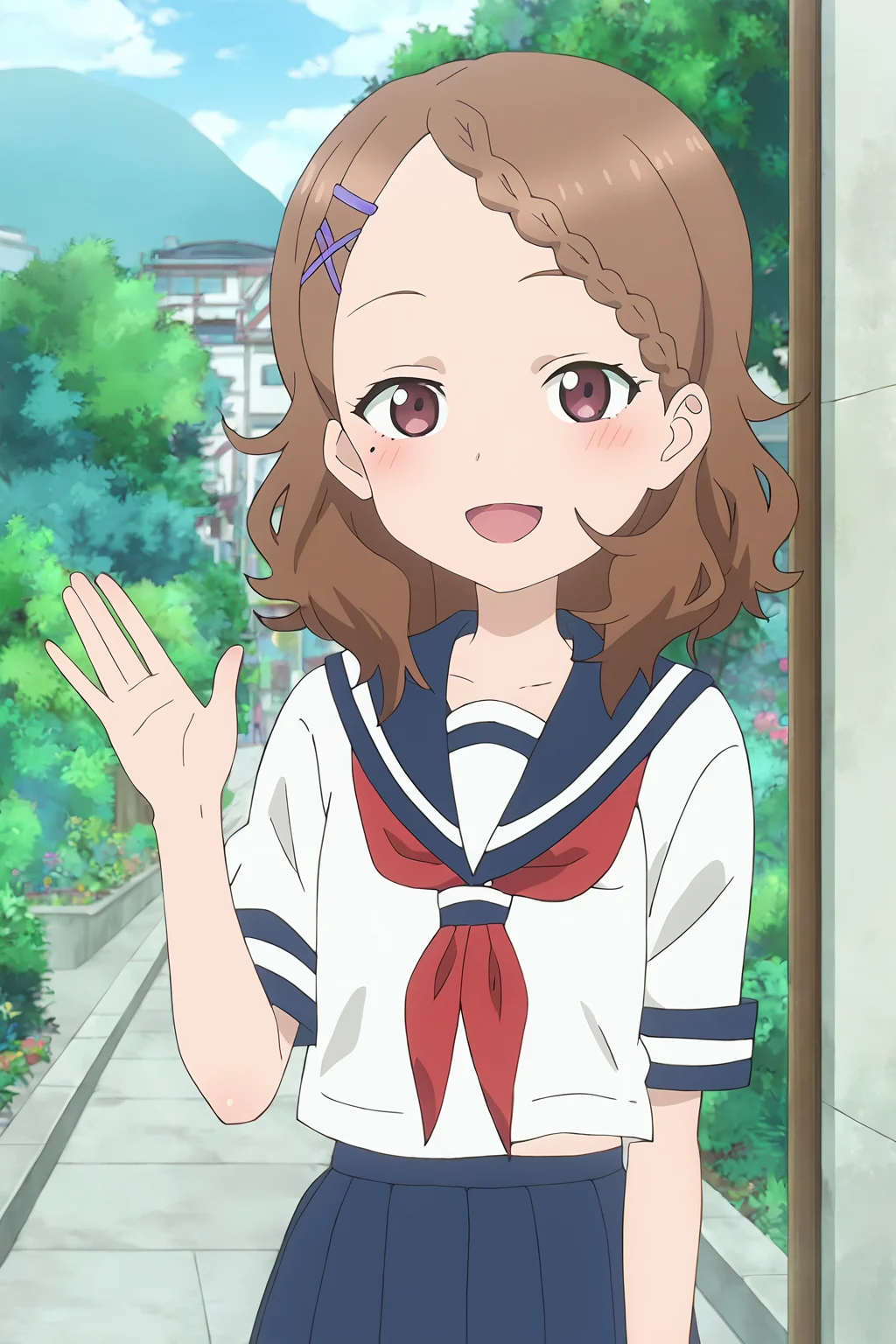 score_9,score_8_up,source_anime,, <lora:houjou-pony_narcissu:1>, 1girl,solo,houjou, houjou_(takagi-san),brown hair, hairclip, mole, mole under eye, braid, x hair ornament, medium hair, brown eyes, braided bangs, school uniform, serafuku, skirt, blue skirt, red neckrchief, short sleeves, blue sailor collar,black socks,anime screencap, , standing,smile,looking at viewer,waving hand,open mouth,blush,outdoor