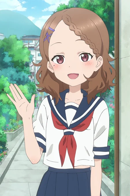 score_9,score_8_up,source_anime,, <lora:houjou-pony_narcissu:1>, 1girl,solo,houjou, houjou_(takagi-san),brown hair, hairclip, mole, mole under eye, braid, x hair ornament, medium hair, brown eyes, braided bangs, school uniform, serafuku, skirt, blue skirt, red neckrchief, short sleeves, blue sailor collar,black socks,anime screencap, , standing,smile,looking at viewer,waving hand,open mouth,blush,outdoor