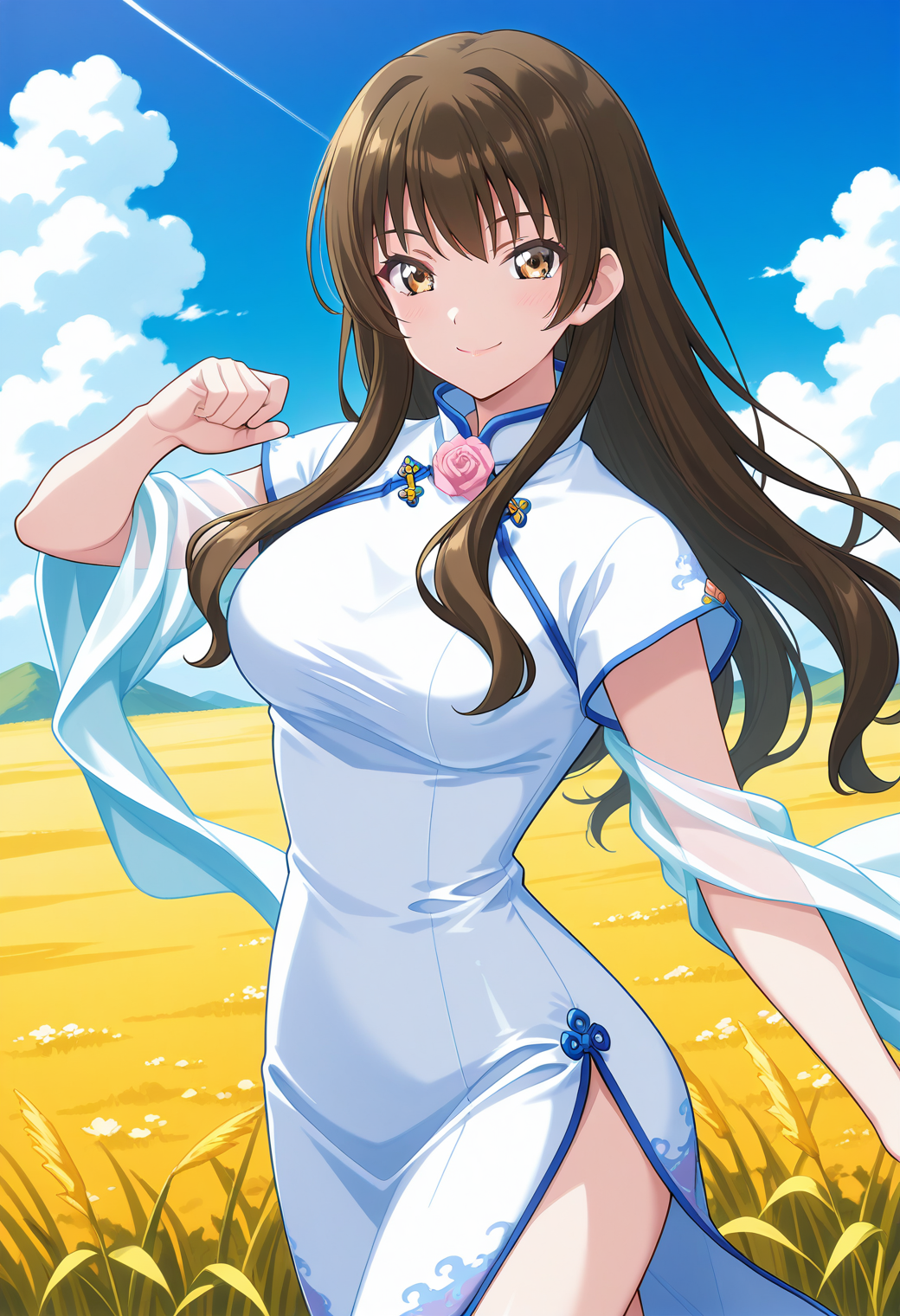 ever17_sora, brown eyes, brown hair, long hair, white dress, china dress, chinese clothes, covered arms, <lora:ever17_sora_illustrious_ver1:0.8> 
smile, 1girl, solo, (field:1.2), (blue sky:1.2), looking at viewer,, masterpiece, best quality, general,, (cowboy shot, dynamic pose:1.4),