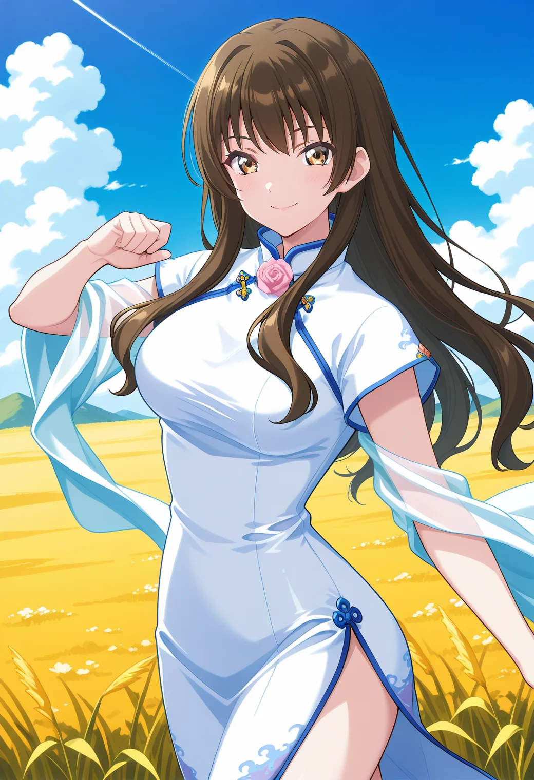 ever17_sora, brown eyes, brown hair, long hair, white dress, china dress, chinese clothes, covered arms, <lora:ever17_sora_illustrious_ver1:0.8>
smile, 1girl, solo, (field:1.2), (blue sky:1.2), looking at viewer,, masterpiece, best quality, general,, (cowboy shot, dynamic pose:1.4),