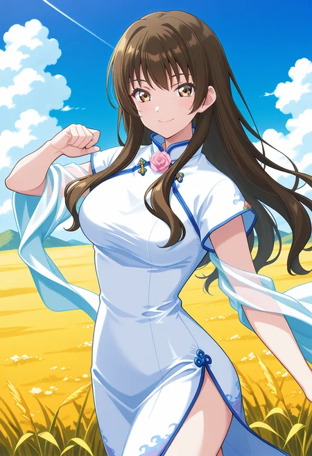 ever17_sora, brown eyes, brown hair, long hair, white dress, china dress, chinese clothes, covered arms, <lora:ever17_sora_illustrious_ver1:0.8>
smile, 1girl, solo, (field:1.2), (blue sky:1.2), looking at viewer,, masterpiece, best quality, general,, (cowboy shot, dynamic pose:1.4),
