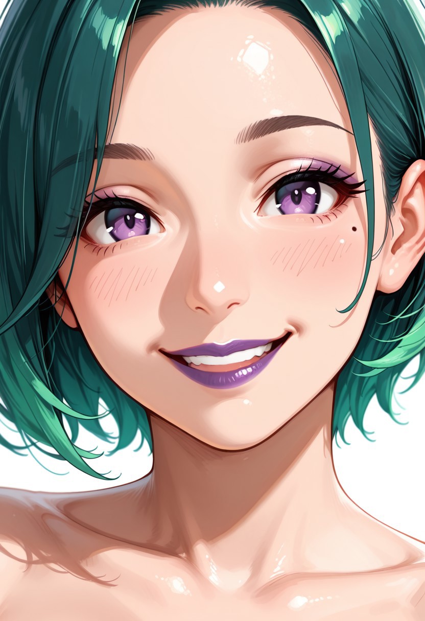 vivid, bright colours, masterpiece, best quality, good quality, very aesthetic, absurdres, newest, 1 woman, 30 years old, a woman with short purple and green hair,   purple lipstick, short hair, purple eyes, naked, slim, mature, aged up, older, mole, portrait, close up, face focus, zoomed in, happy expression, big smile,