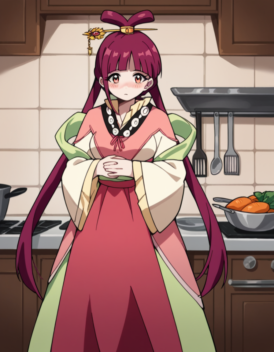 score_9, score_8_up, score_7_up, source_anime, <lora:kougyoku-ren-s1-ponyxl-lora-nochekaiser:1>, kougyoku ren, long hair, red hair, hair rings, twintails, bangs, blunt bangs, orange eyes, medium breasts,, shawl, dress, wide sleeves, long sleeves, sash, long skirt,, kitchen, cooking, apron, cutting vegetables, home cooking, , hands on stomach, blush,, looking at viewer, solo,, dutch angle, cowboy shot