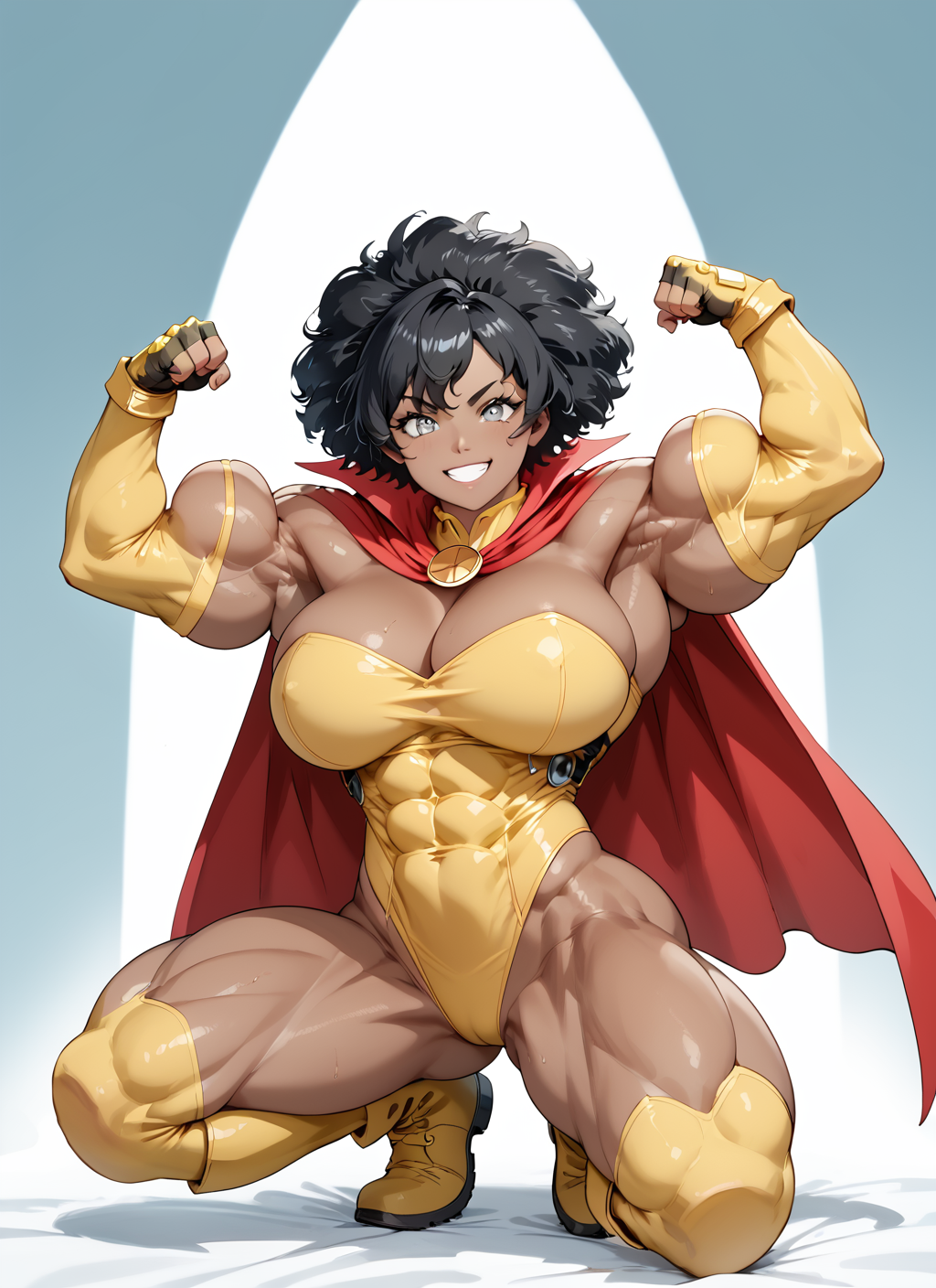 score_9, score_8_up, score_7_up, expressiveh, perfect face, perfect eyes, detailed face, detailed eyes,1girl,solo,mega woman,broad shoulders,short hair,black hair,large breasts,muscular thighs,dark skinned female,muscular female,thick thighs,abs,huge biceps,(grey eyes:1.3),bangs,yellow leotard,yellow elbow gloves,fingerless gloves,red cape,standing,full body,yellow knee boots,flexing,smile,happy <lora:Expressive_H-000001:0.4> <lora:Mega_Woman_GrowGetter_Comics-000006:1.0>