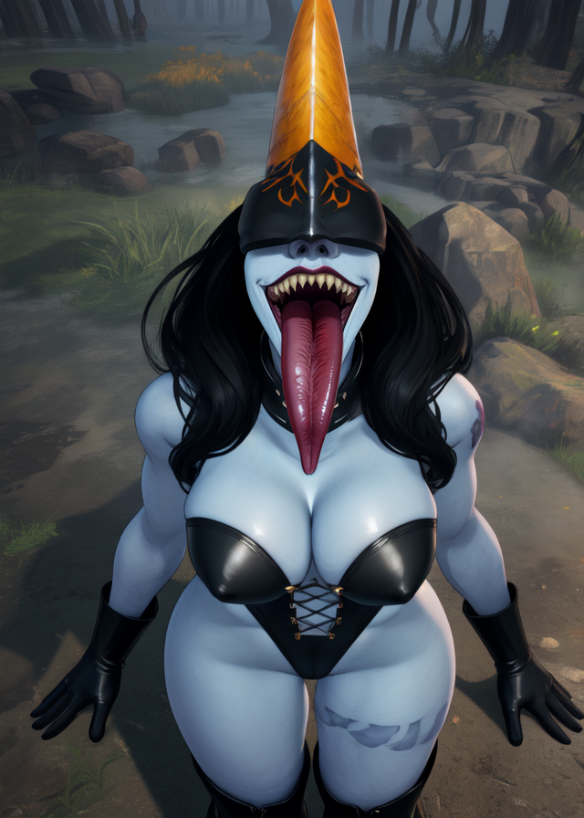 Tate Eboshi, blue skin,  sharp teeth,  red lips,  long black hair,  viens,  black helmet, single yellow  horn,  covered eyes,  covered nose,
 black leotard,  cleavage,   black boots,  black black gloves,  from above,  tongue out, very long tongue
solo, cowboy shot,  
underworld, 
(insanely detailed, detailed mouth, masterpiece, best quality)<lora:TateEboshi-10v5:0.8> <lora:long_tongue:0.8>