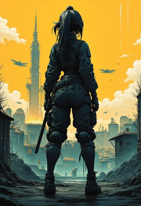 TanyaDegurechaff, cyberpunk, anime, Cyber Punk cyborg Samurai woman standing wide stride with warplane and city behind, highly detailed Mayhem style splattered Silhouette, background bizarre techno ghetto transmission, style minimalist, conceptual art posing Japanese, conceptual, 3d render, illustration, cinematic, photo
epic action, cinematic, award winning artwork, many details, patterned illumination, bad VHS tape image artifacts