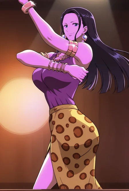 score_9, score_8_up, source_anime, BREAK solo, 1girl, looking at viewer, cowboy shot,
<lora:NicoRobinAIOPostPart3PdxlDwnsty-000008:0.9>, zmovie, blue eyes, black hair, hair slicked back, long hair, jewelry, earrings, bracelet, necklace, long skirt, armlet, rings, leopard print, purple shirt, sleeveless shirt, single-shoulder shirt, shirt tucked in,
large breasts, smile, dancing, hands up, ass shake,
indoors, stage, spotlight,