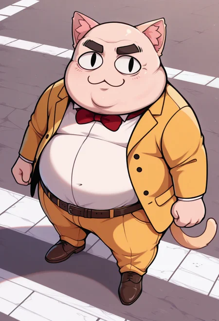 1boy, solo, crosswalk, from above, sidewalk, road,
masterpiece, best quality, <lora:necoarccon-guy90-Illust-LycorisV1:1>, noccen, animal ears, :3, chibi, animal ear fluff, cat tail, slit pupils, <lora:p5principal-illu-nvwls-v1:1> p5principal, obese, fat man, bald, black eyes, thick eyebrows, yellow jacket, formal, white shirt, red bow tie, belt, yellow pants, brown shoes