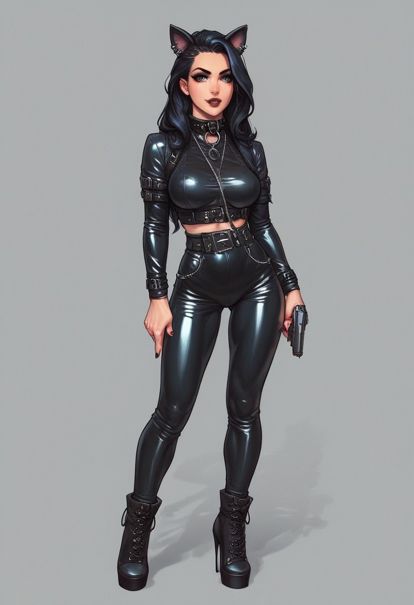 score_9, score_8_up, score_7_up, score_6_up, 1girl, cyb0rg, solo, science fiction, cable, mechanical parts, cat ears, long hair, gothic, full body, latex, collar, high heels,
(((full-clothed))), ((long big pistol in hands, handgun in hands))
BREAK 
strange world background score_9, score_8_up, score_7_up, score_6_up, source_cartoon, rating_explicit, Expressiveh, (((((full body))))), dynamic pose