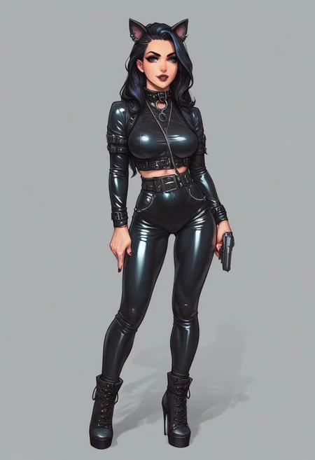 score_9, score_8_up, score_7_up, score_6_up, 1girl, cyb0rg, solo, science fiction, cable, mechanical parts, cat ears, long hair, gothic, full body, latex, collar, high heels,
(((full-clothed))), ((long big pistol in hands, handgun in hands))
BREAK
strange world background score_9, score_8_up, score_7_up, score_6_up, source_cartoon, rating_explicit, Expressiveh, (((((full body))))), dynamic pose