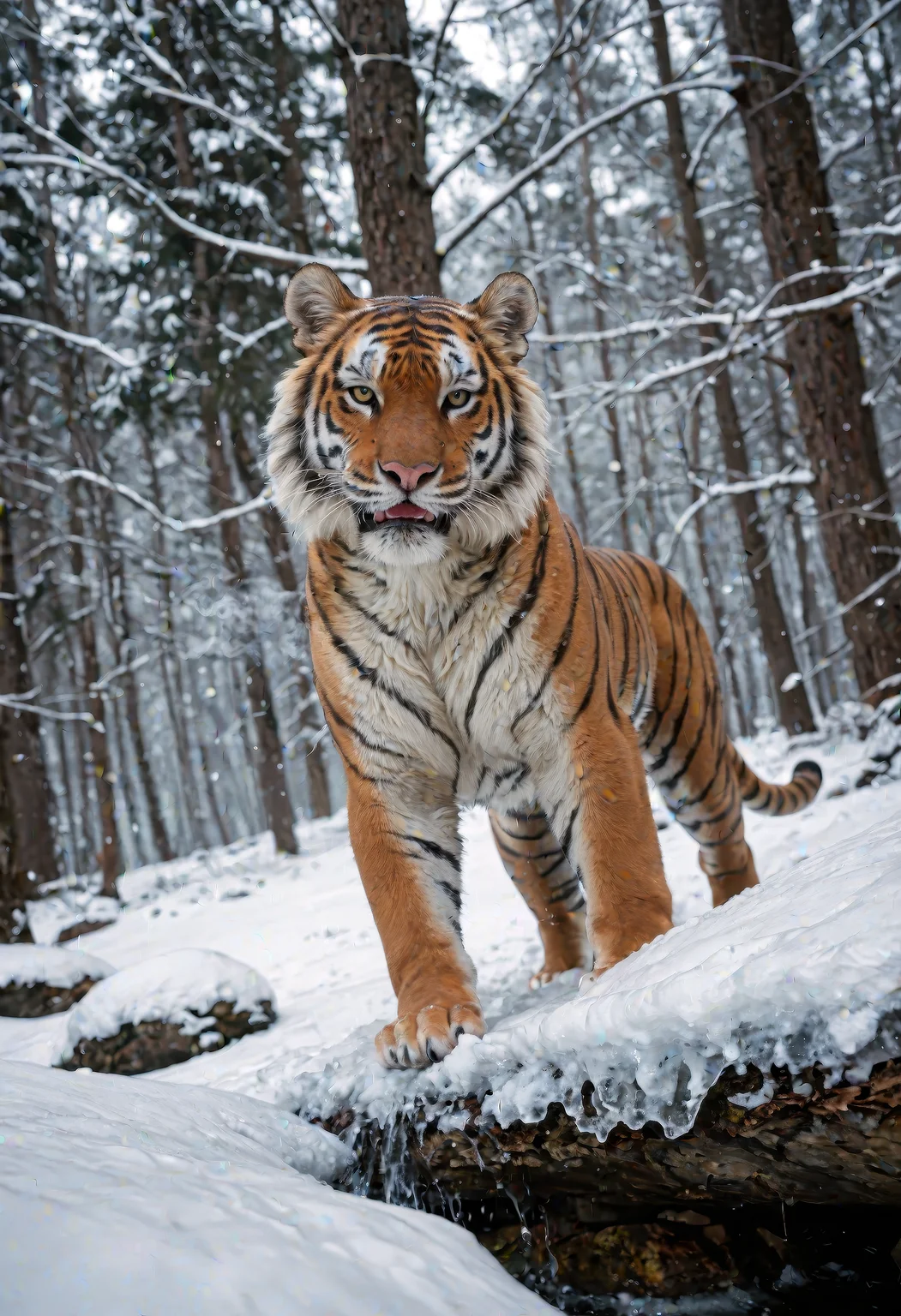 score_9, score_8_up, score_7_up, (best quality, ultra-detailed, realistic), hyper-detailed tiger in a snowy forest, its fur frosted with ice, steam rising from its breath, dynamic angle, dynamic pose