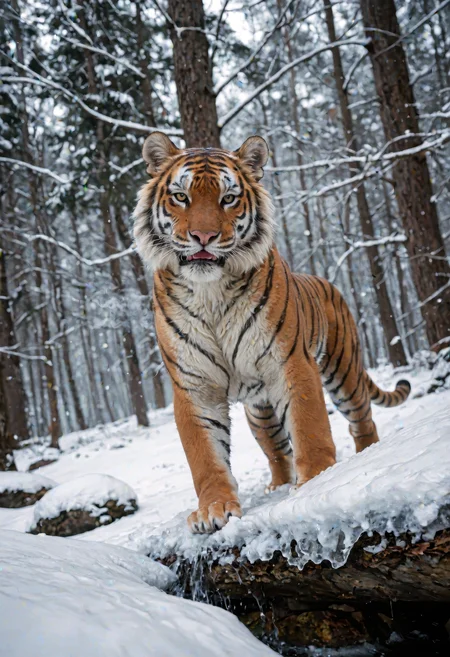 score_9, score_8_up, score_7_up, (best quality, ultra-detailed, realistic), hyper-detailed tiger in a snowy forest, its fur frosted with ice, steam rising from its breath, dynamic angle, dynamic pose