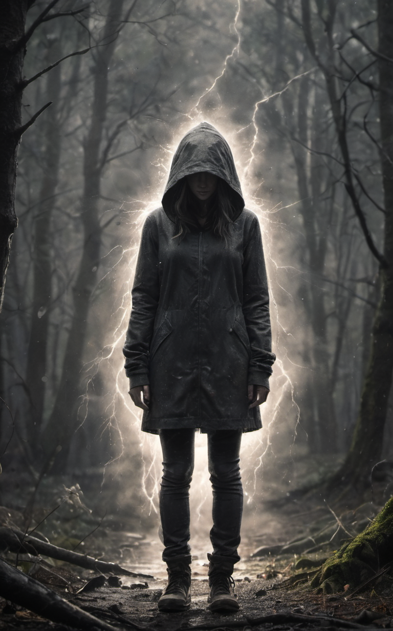 cinematic film still charcoal sketch,lightning storm,a hooded woman in the deep woods,<lora:WildcardX-XL-Detail-Enhancer:1>, Ultra-HD-details, Full Body Photograph,Full Body Portrait, Full Body Visible, From a Distance, . shallow depth of field, vignette, highly detailed, high budget, bokeh, cinemascope, moody, epic, gorgeous, film grain, grainy, Ultra-HD-details