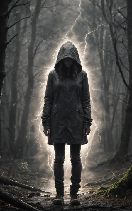 cinematic film still charcoal sketch,lightning storm,a hooded woman in the deep woods,<lora:WildcardX-XL-Detail-Enhancer:1>, Ultra-HD-details, Full Body Photograph,Full Body Portrait, Full Body Visible, From a Distance, . shallow depth of field, vignette, highly detailed, high budget, bokeh, cinemascope, moody, epic, gorgeous, film grain, grainy, Ultra-HD-details