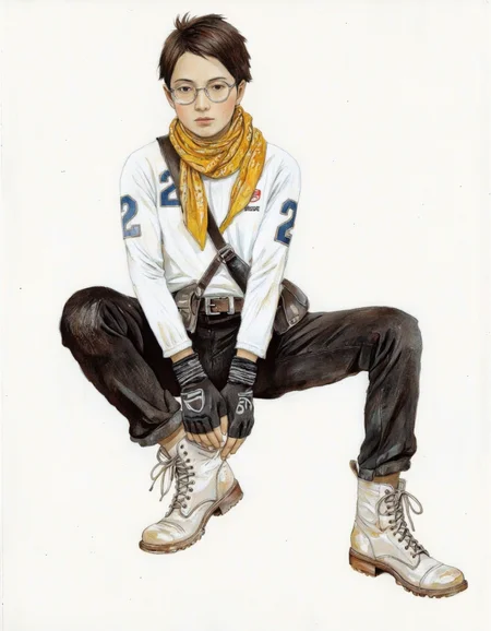By Taiyo Matsumoto. A detailed, hand-drawn digital illustration featuring a character with a casual and relaxed demeanor. The character is depicted in a three-quarter view, sitting with legs spread apart and leaning back slightly. He has short, dark hair and is wearing glasses with a slightly reflective surface. His outfit consists of a white long-sleeved shirt with a blue and white number "2" on the left shoulder, suggesting a sports or racing theme. A bright yellow bandana is tied around his neck, adding a splash of color to his otherwise muted attire. He also wears black fingerless gloves with white stripes on the wrists, black pants, and white boots with visible laces and a rugged texture. A black utility belt with a pouch is slung over his right shoulder, hinting at a practical and functional outfit. The background is plain white, ensuring the character stands out prominently. The drawing style is detailed with fine linework and subtle shading, giving the character a realistic yet cartoonish appearance. The overall mood is relaxed and confident, with a hint of adventure or sporty spirit. <lora:Taiyo_Matsumoto-000008:1>