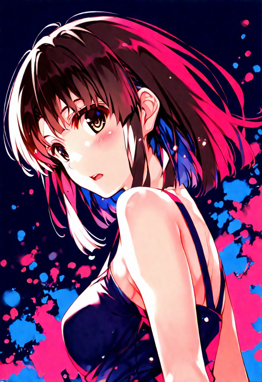 1girl, misaki_kurehito_1, katou megumi, Megumi,brown hair,kato megumi,brown eyes, short hair , medium breasts, bare shoulders, narrow mouth, solo, looking at viewer, open mouth, upper body, from below, back lighting, dark, multicolored background, colorful, masterpiece, best quality, absurdres, newest, highres, very aesthetic, source_anime