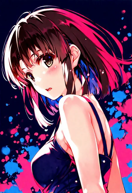 1girl, misaki_kurehito_1, katou megumi, Megumi,brown hair,kato megumi,brown eyes, short hair , medium breasts, bare shoulders, narrow mouth, solo, looking at viewer, open mouth, upper body, from below, back lighting, dark, multicolored background, colorful, masterpiece, best quality, absurdres, newest, highres, very aesthetic, source_anime