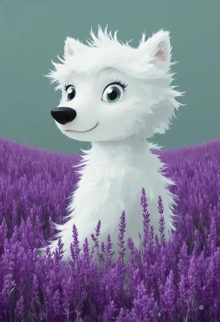 A whimsical dark style digital painting of a white wolf with fluffy fur standing in a vibrant purple lavender field, soft brushstrokes, expressive eyes, Tim Burton inspired character design, muted teal background