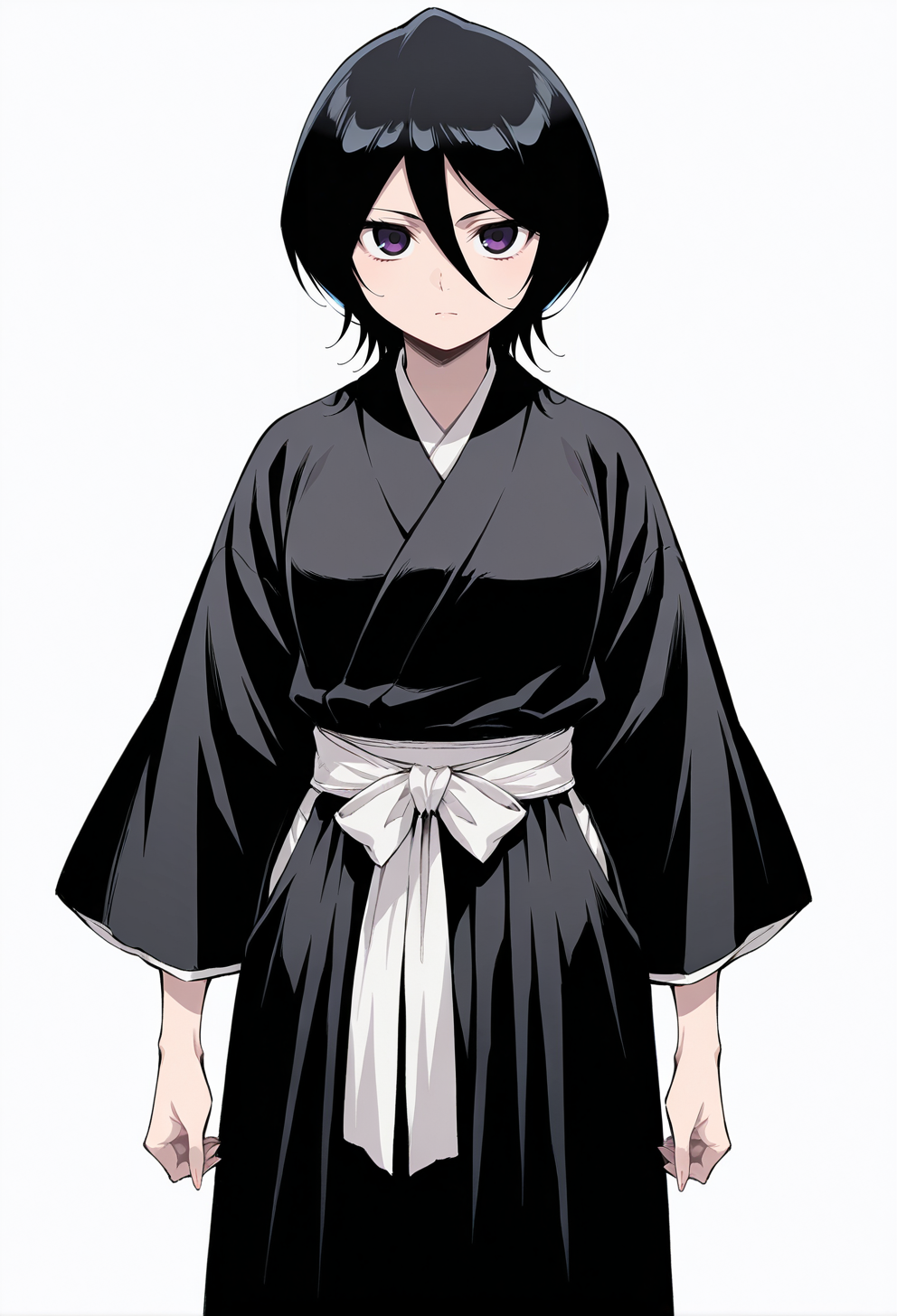 masterpiece, best quality,
1girl, solo, cowboy shot,
standing,
looking at viewer,
simple background, white background,
 <lora:kuchiki_rukia:1> k0ch1k1r0k14, black hair, hair between eyes, short hair, purple eyes, black eyes, 
japanese clothes, black kimono, long sleeves,