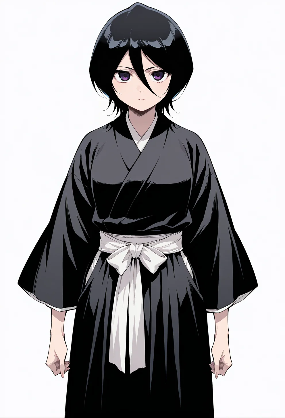 masterpiece, best quality,
1girl, solo, cowboy shot,
standing,
looking at viewer,
simple background, white background,
 <lora:kuchiki_rukia:1> k0ch1k1r0k14, black hair, hair between eyes, short hair, purple eyes, black eyes, 
japanese clothes, black kimono, long sleeves,
