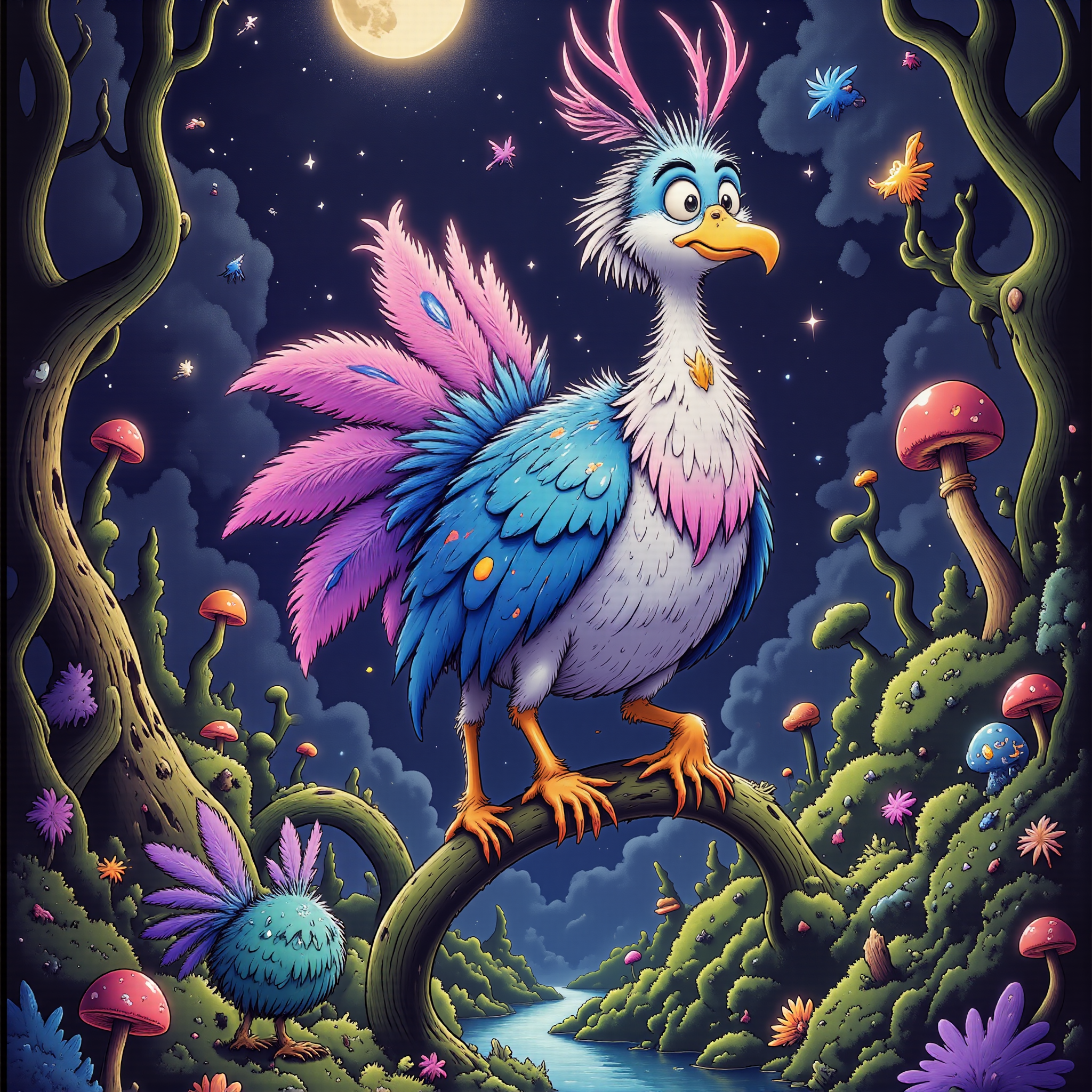 highly detailed, intricate, detailed background, famous artwork inspired by (journey to the savage planet:1.2) and (raymond swanland:1.3) and (genevieve valentine:1.2) and (rebecca guay:1.2), modern fantasy style, the mythical "homely worbledink" with its iconic iridescent feathers quorbeling in the moonlight, often karfuddels among the bioluminescent mushrooms and glowing fireflies in the mizzlequizzing forest glades on planet "glamfurble iv", golden ratio, in the style of ck-ovf, amanoer, seusiancartoon, aidmamj6.1, 
<lora:style-oneviolentfantasy-ep21-flux-by_chronoknight:0.48> 
<lora:style-seussian_cartoon-flux-by_daalis:0.84> 
<lora:midjourney_61-v0.4-flux-by_aidma:0.52> 
<lora:faetastic_details-flux-by_faeia:0.64>