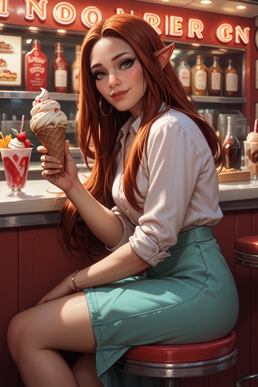 score_9, score_8_up, score_7_up, score_6_up
<lora:DVFRook:0.8>
DVFRook, 1girl, pointy ears, red hair, long hair, green eyes, looking at viewer, smiling, sitting, on stool, inside diner, counter, holding ice cream cone