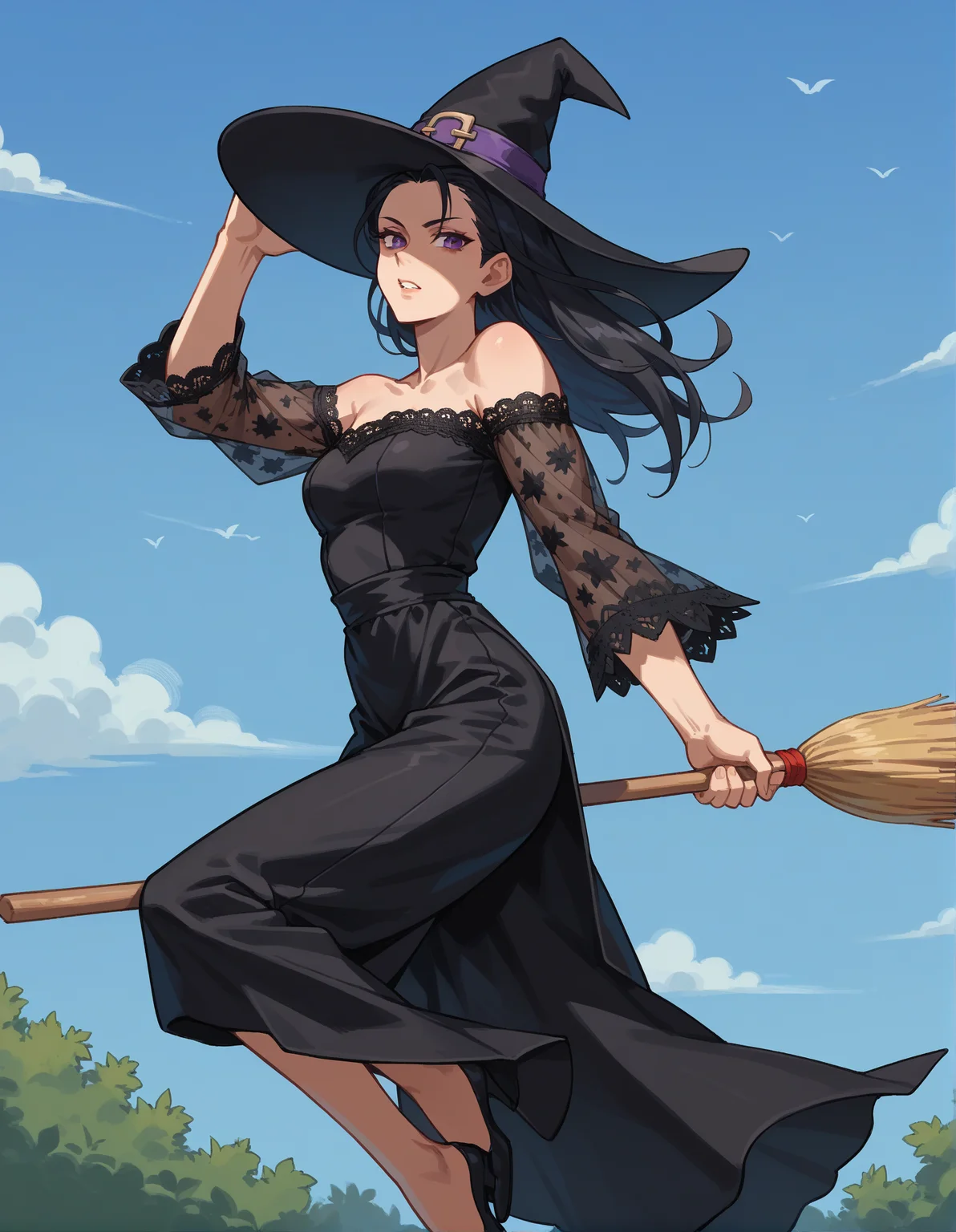 Street Fighter style score_9, score_8_up, score_7_up, score_6_up, score_5_up, score_4_up, hud_br00m, 1girl, solo, broom, Sleek black satin gothic gown with sheer lace sleeves, a high slit,  low back, photo by Steven Meisel, broom riding, long black hair, witch hat, <lora:hud_br00m_XLP:0.8>, flying, Serene sky