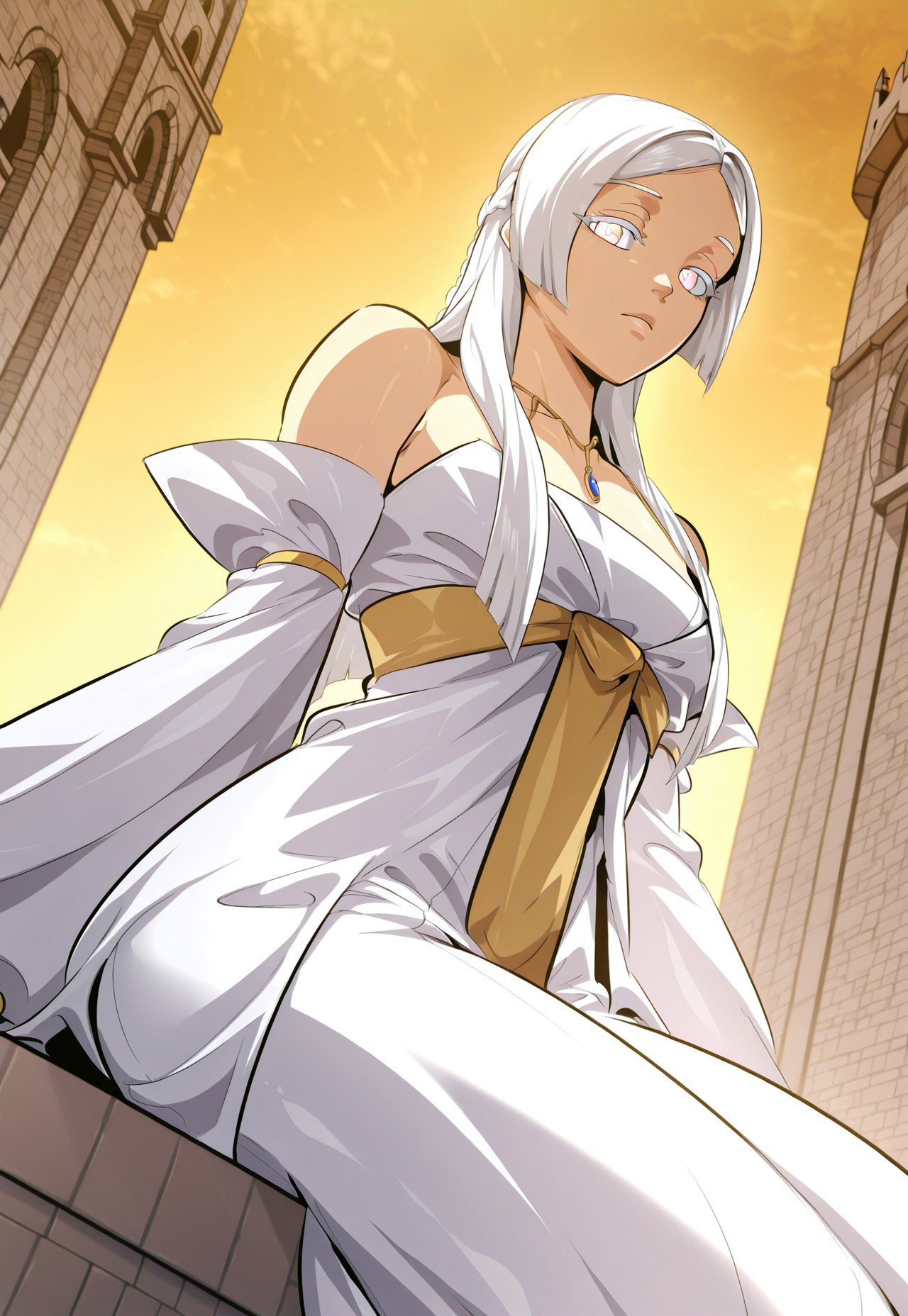 score_9, score_8_up, score_7_up, source_anime, solo, Marriot, white eyes, white hair, long hair, white eyebrows, braid, Saint-dress, detached sleeves, necklace, (cowboy shot), looking at viewer, sexy body, sitting on castle, from below, sunny, dutch angle, from side