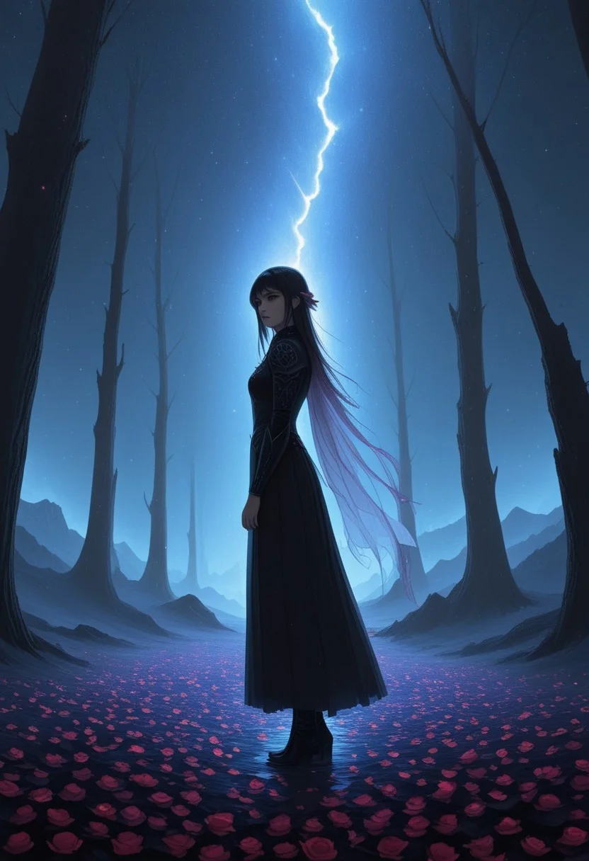 A beautiful woman stands at the edge of a vast, starry void, her form beginning to dissolve into a swirling storm of black, gold, silver, and red rose petals. Her face is serene, almost ethereal, as if she’s accepted her transformation. Her long hair flows gently in an otherworldly breeze, and her eyes, filled with a mix of sadness and wonder, gaze into the infinite cosmos. As the petals break away from her body, they are caught in a cosmic whirlwind, spiraling upward into the darkness. The black petals shimmer faintly, their edges glowing with gold and silver, while the red petals burn like embers, leaving trails of fiery light. The stars around her pulse and twinkle, their light reflecting off the petals and creating a mesmerizing dance of shadows and light. The atmosphere is a perfect blend of melancholy and beauty, capturing the woman’s transition from the physical world to the cosmic unknown. The scene is both haunting and enchanting, as if she’s becoming one with the universe itself." Additional details for refinement: Style: Hyper-realistic or semi-realistic, with a focus on atmospheric lighting and fluid motion. Lighting: Soft, cosmic light with glowing highlights on the petals and stars. Color palette: Deep blacks, shimmering golds and silvers, and fiery reds (petals), with shimmering whites and blues (stars). Mood: Melancholic, mystical, and awe-inspiring, with a sense of transcendence and beauty.