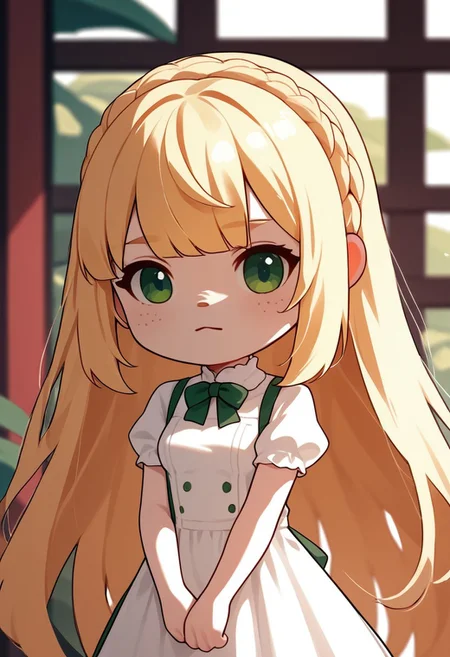 zPDXL3, score_9, score_8_up, score_7_up, score_6_up, score_5_up, score_4_up,
1girl, small breasts, celine, blonde hair, green eyes, crown braid, straight hair, very long hair, ribbon bangs,
white dress,
hall,
acvillager, chibi, solo,