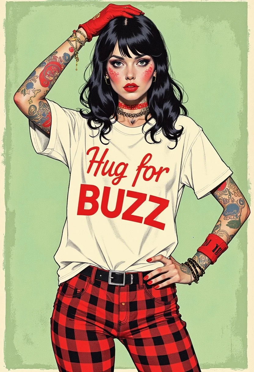 A graphic comics illustration in Pinup art style featuring an alternative woman wearing a large T-shirt that says "Hug for BUZZ", (sfw)