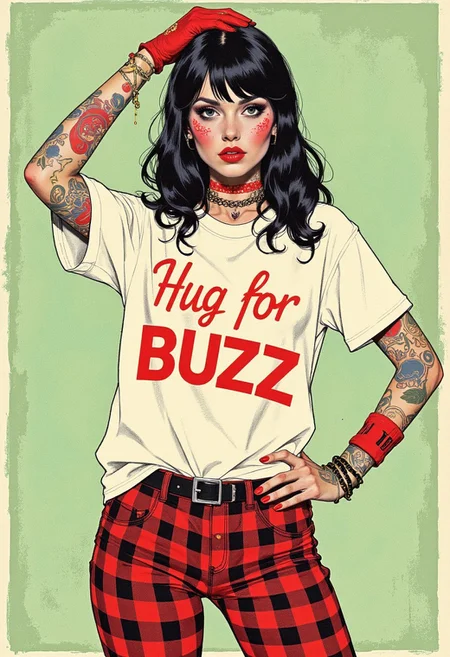 A graphic comics illustration in Pinup art style featuring an alternative woman wearing a large T-shirt that says "Hug for BUZZ", (sfw)