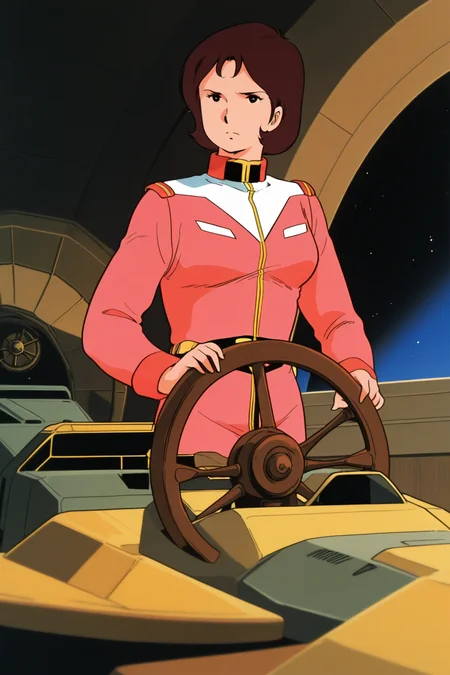 masterpiece, best quality, amazing quality, absurdres, miraiyashima79, brown hair, solo, serious, wooden steering wheel, standing, helm wheel, both hands on helm wheel, gripping helm wheel, steering ship, helmswoman:1.2), pink military uniform, large breasts, indoors, spacecraft, science fiction, retro artstyle